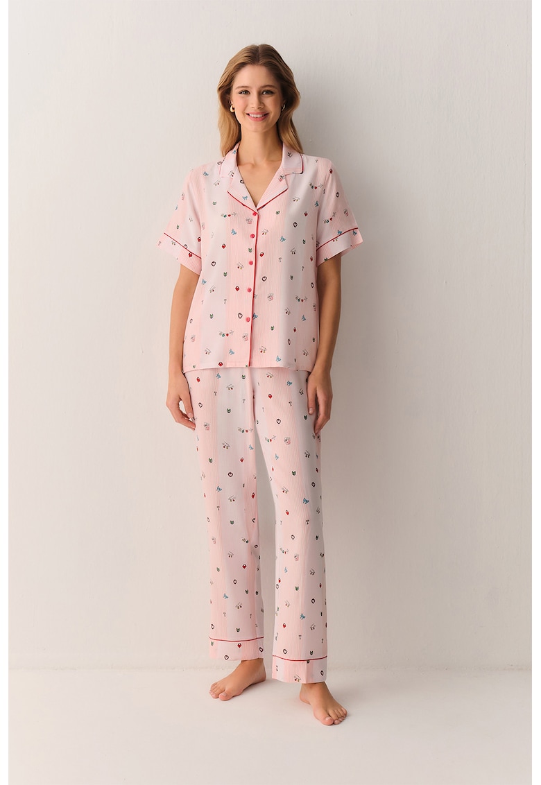 Pijama cu pantaloni lungi si imprimeu grafic - Rosu/Roz/Albastru