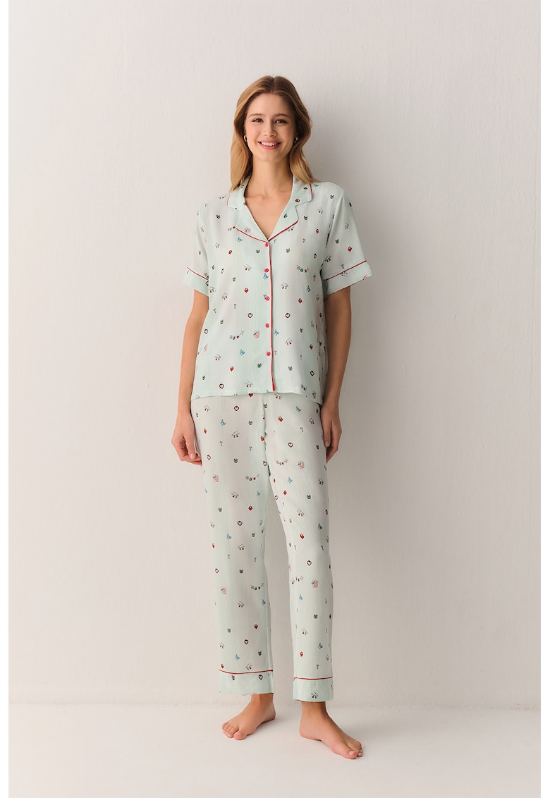 Pijama cu pantaloni lungi si imprimeu grafic - Rosu/Verde/Albastru