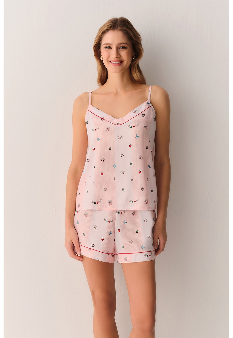 Pijama cu pantaloni scurti si imprimeu grafic - Rosu/Roz/Albastru
