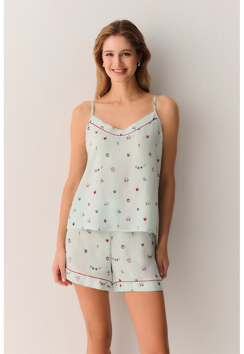 Pijama cu pantaloni scurti si imprimeu grafic - Rosu/Verde/Albastru