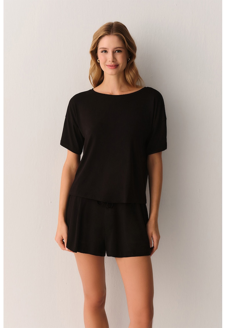 Pijama din amestec de modal cu pantaloni scurti - Negru