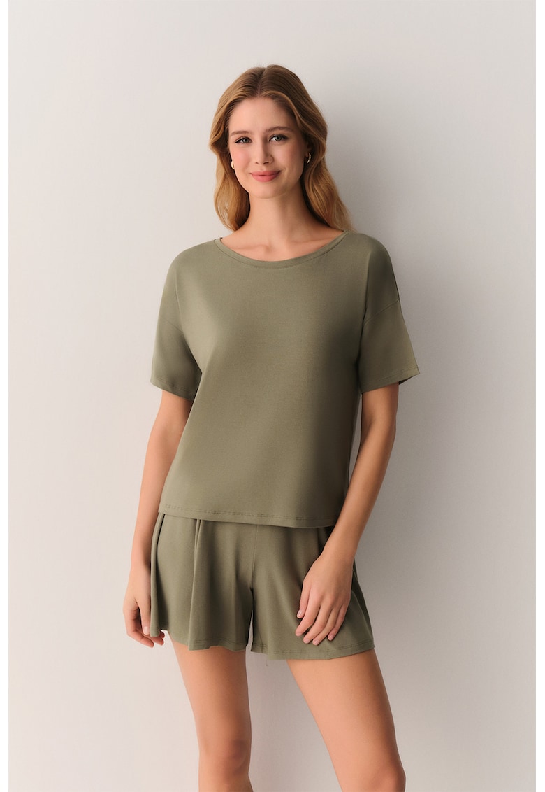 Pijama din amestec de modal cu pantaloni scurti - Kaki