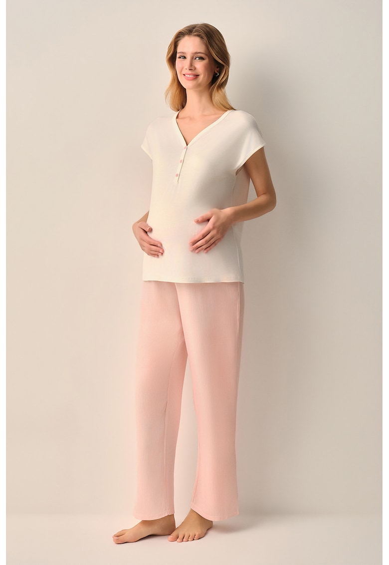 Pijama cu maneci scurte - pentru gravide - Alb/Roz