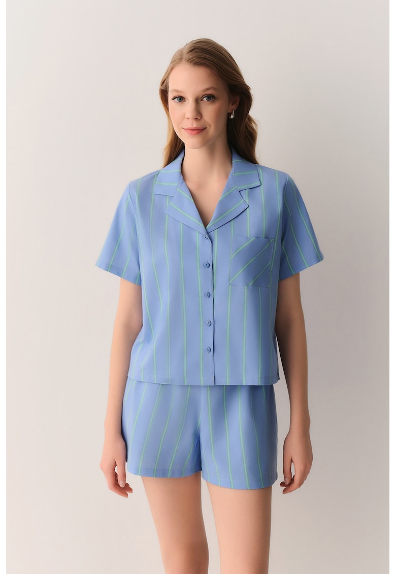 Pijama cu pantaloni scurti si dungi - Albastru prafuit