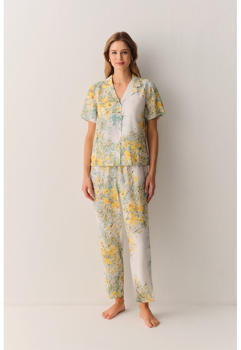 Pijama din amestec de modal cu pantaloni lungi si model floral - Alb/Verde/Galben