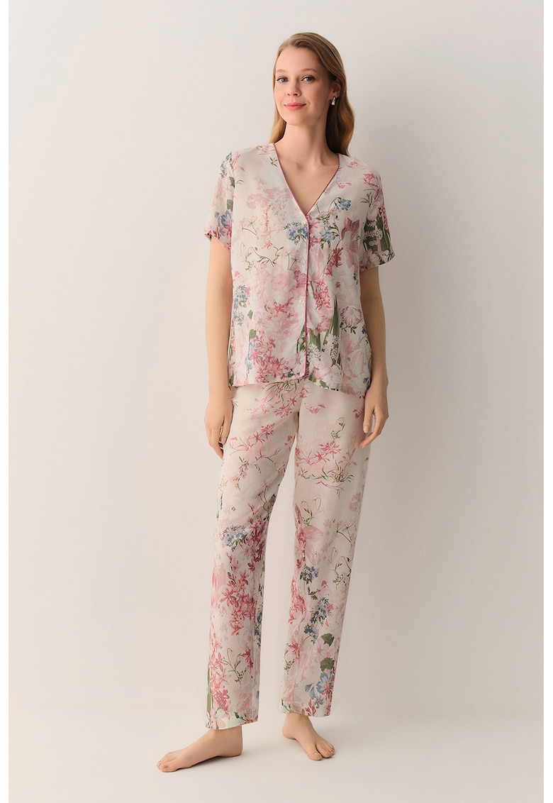 Pijama cu pantaloni lungi si decolteu in V - Verde/Roz/Albastru
