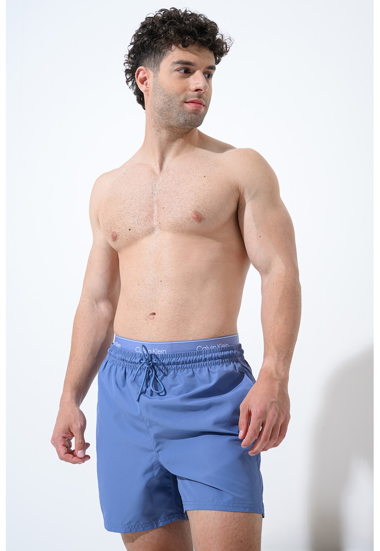 Pantaloni scurti de baie cu banda elastica cu logo - Albastru stins