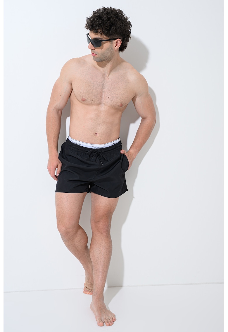 Pantaloni scurti de baie cu banda logo contrastanta - Negru carbon