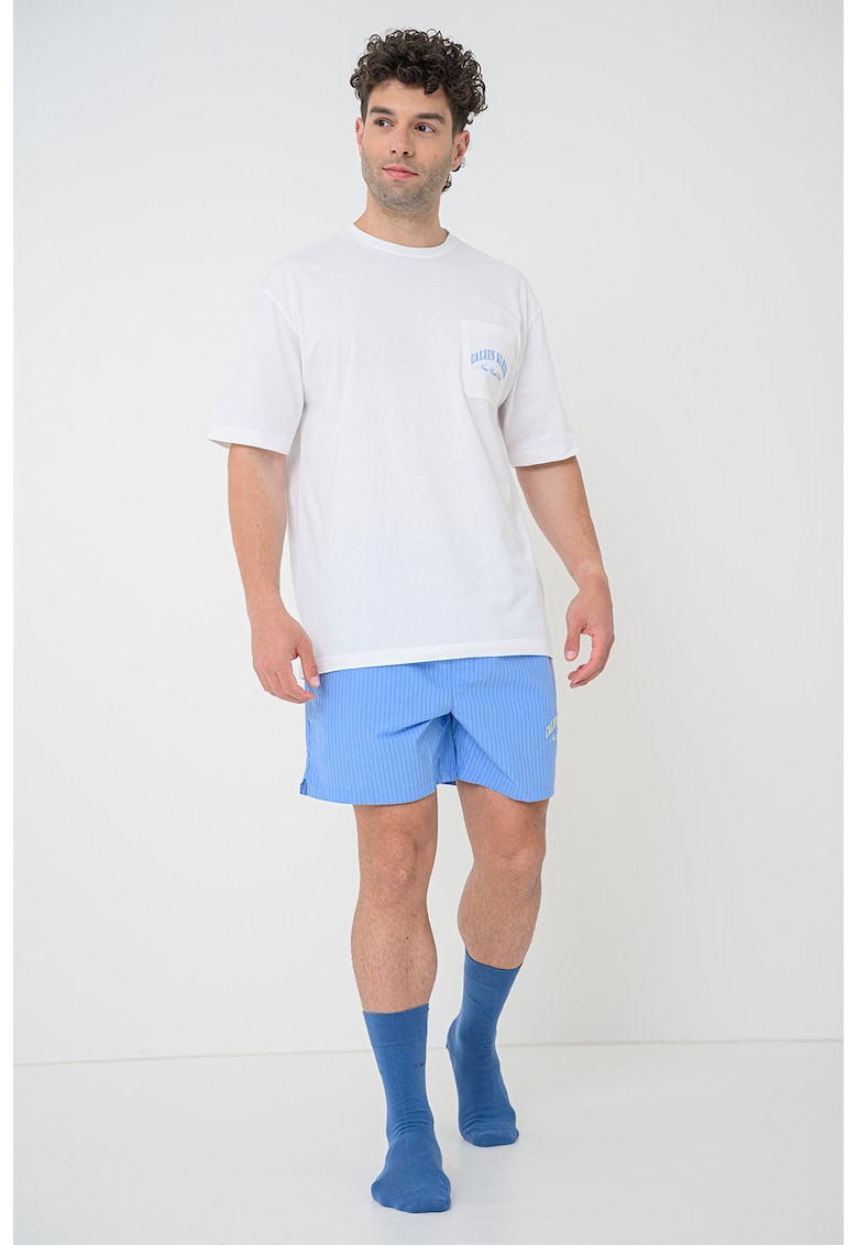 Pijama scurta de bumbac - Alb/Albastru pastel
