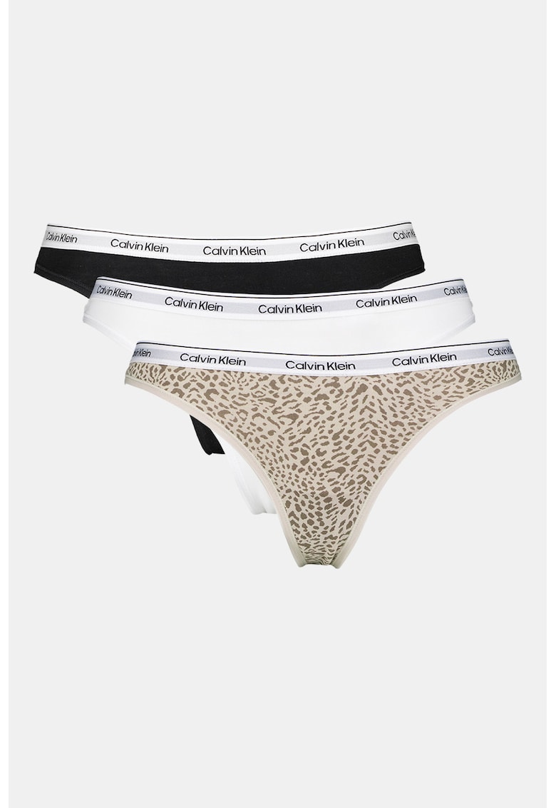 Set de chiloti tanga cu banda logo elastica in talie - 3 perechi - Alb/Negru/Maro nisip