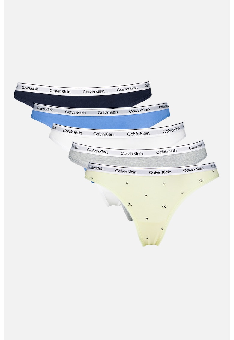 Set de chiloti tanga cu banda logo elastica in talie - 5 perechi - Galben pai/Gri melange/Albastru
