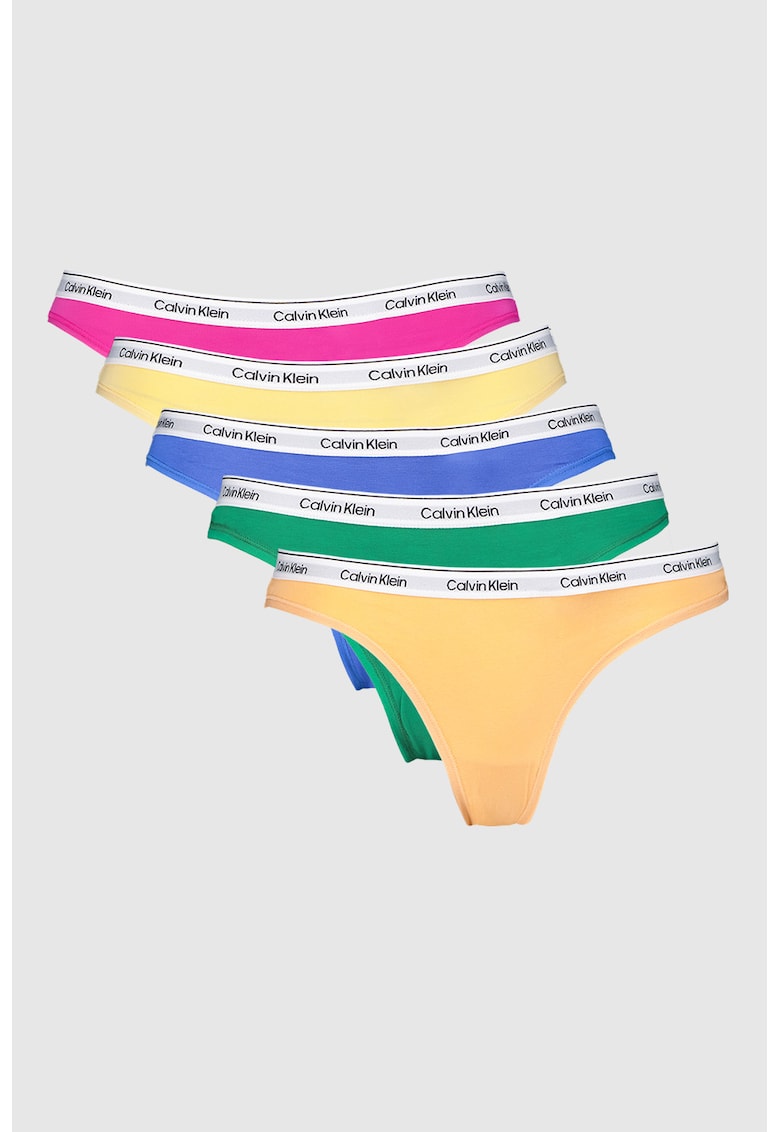 Set de chiloti tanga cu banda logo elastica in talie - 5 perechi - Verde/Galben/Roz