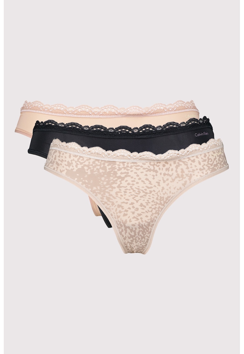 Set de chiloti tanga cu dantela - 3 perechi - Negru/Gri/Bej inchis