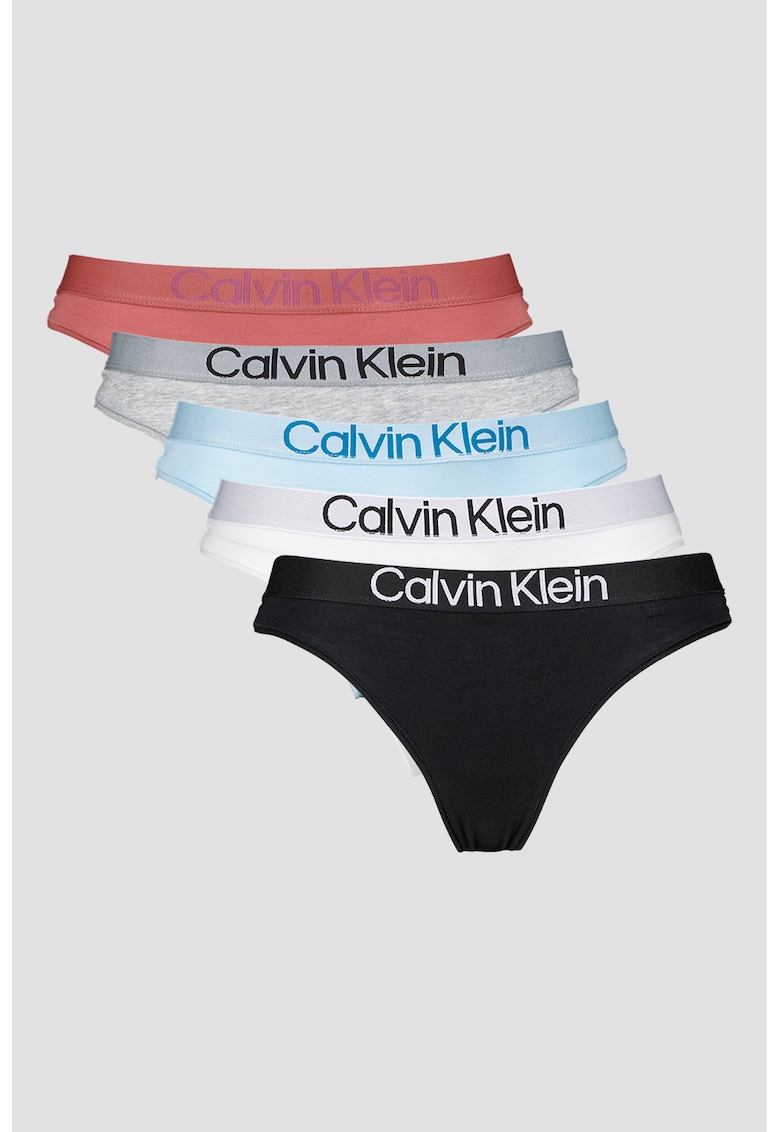Set de chiloti tanga cu banda logo in talie - 5 perechi - Alb/Negru/Albastru