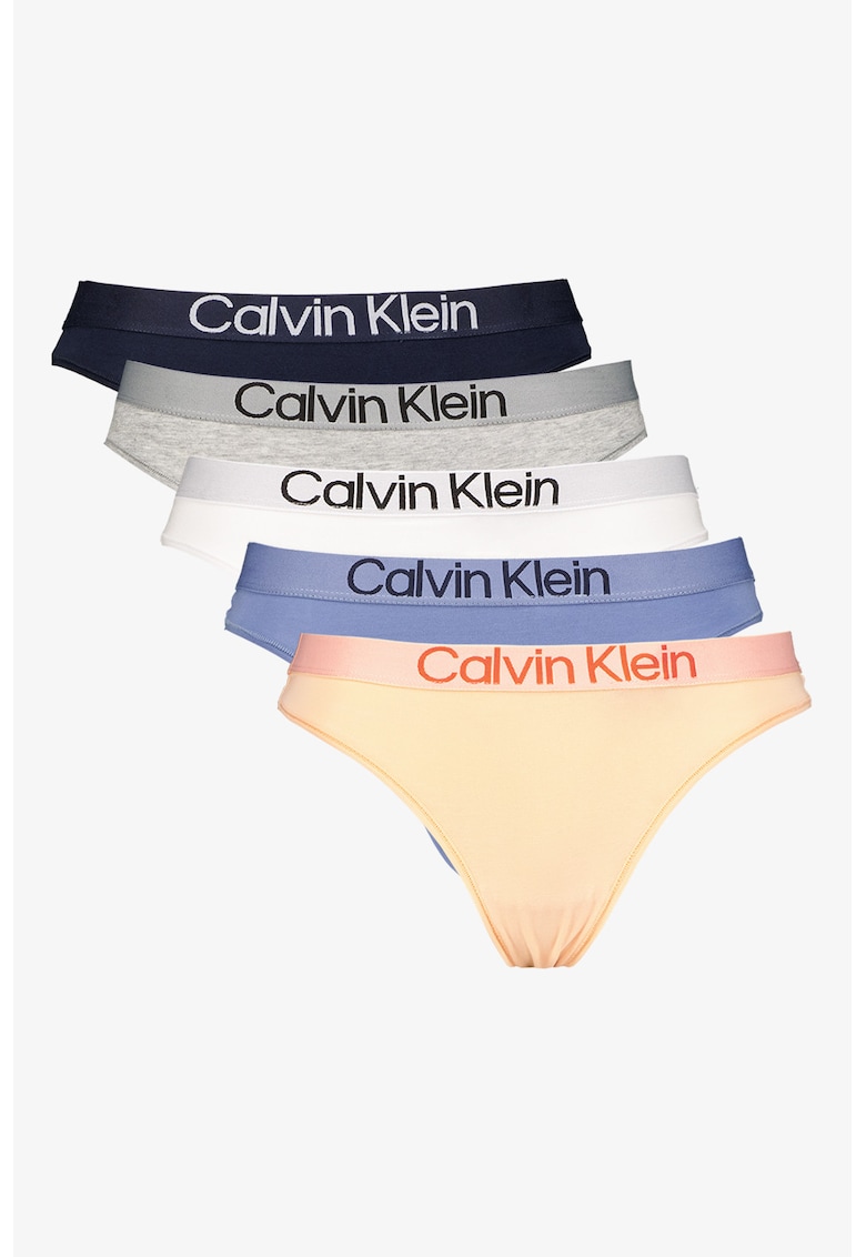 Set de chiloti tanga cu banda logo in talie - 5 perechi - Gri/Roz somon/Albastru