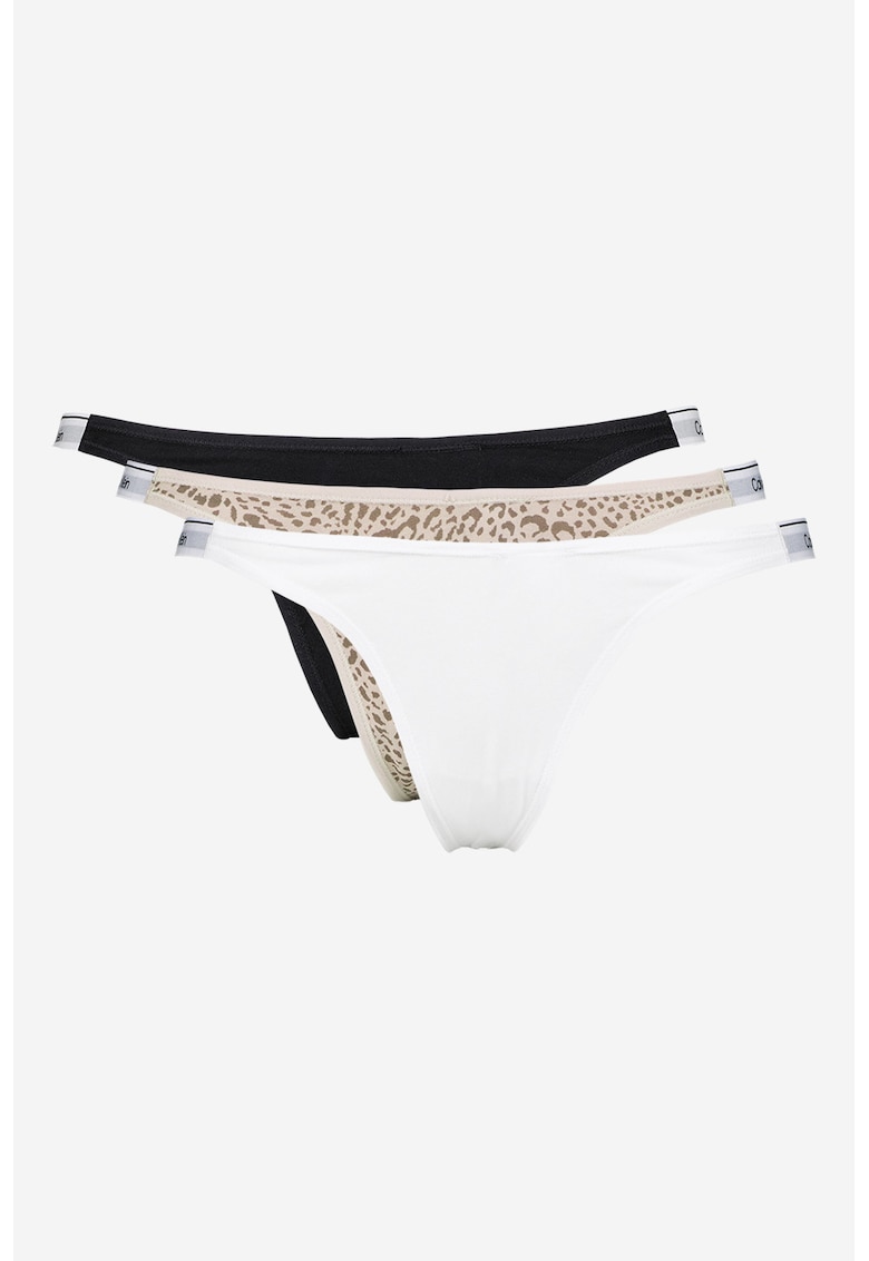 Set de chiloti tanga cu logo - 3 perechi - Alb/Negru/Maro nisip