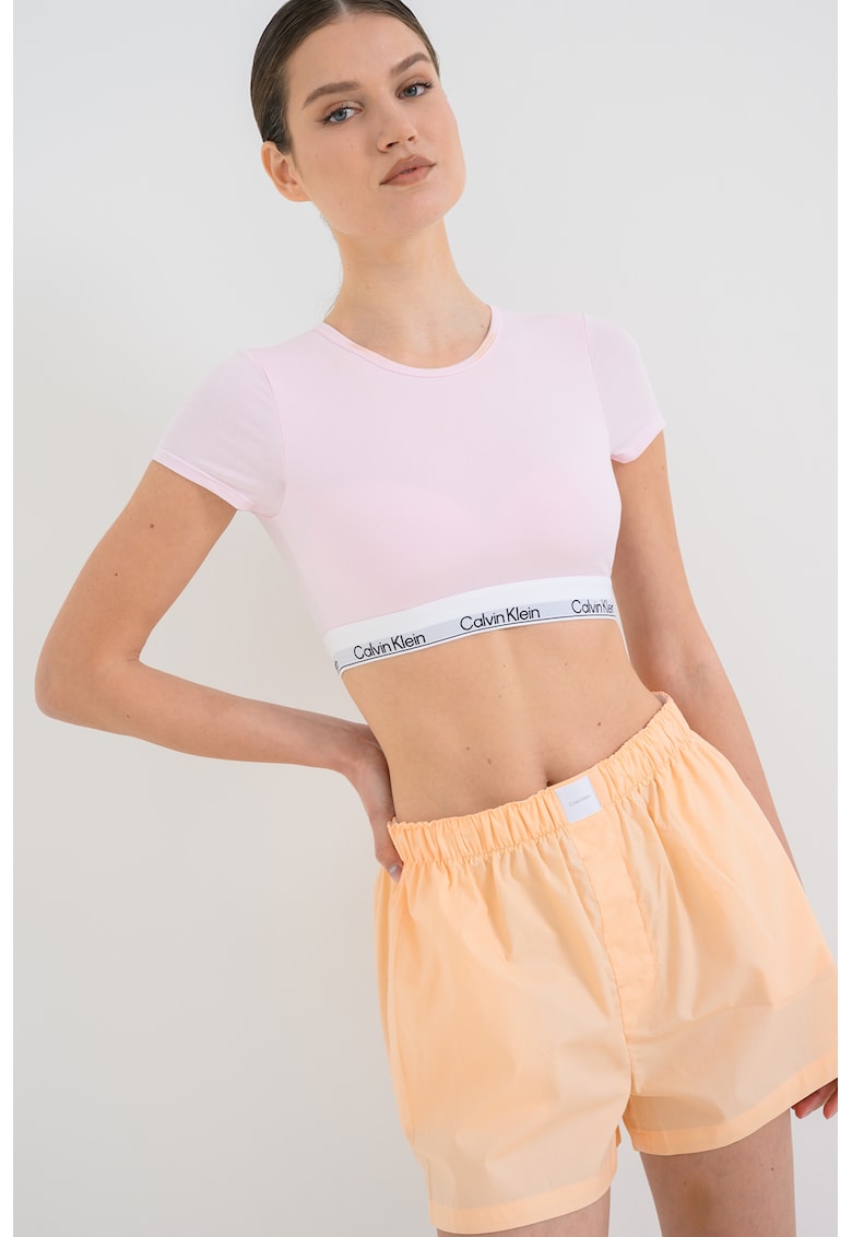 Tricou crop din amestec de bumbac cu banda logo - Alb/Roz pastel