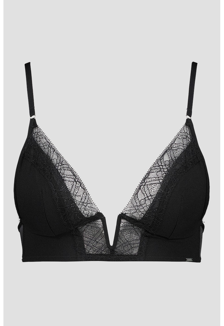 Sutien cu cupe triunghiulare si insertii din dantela - Negru