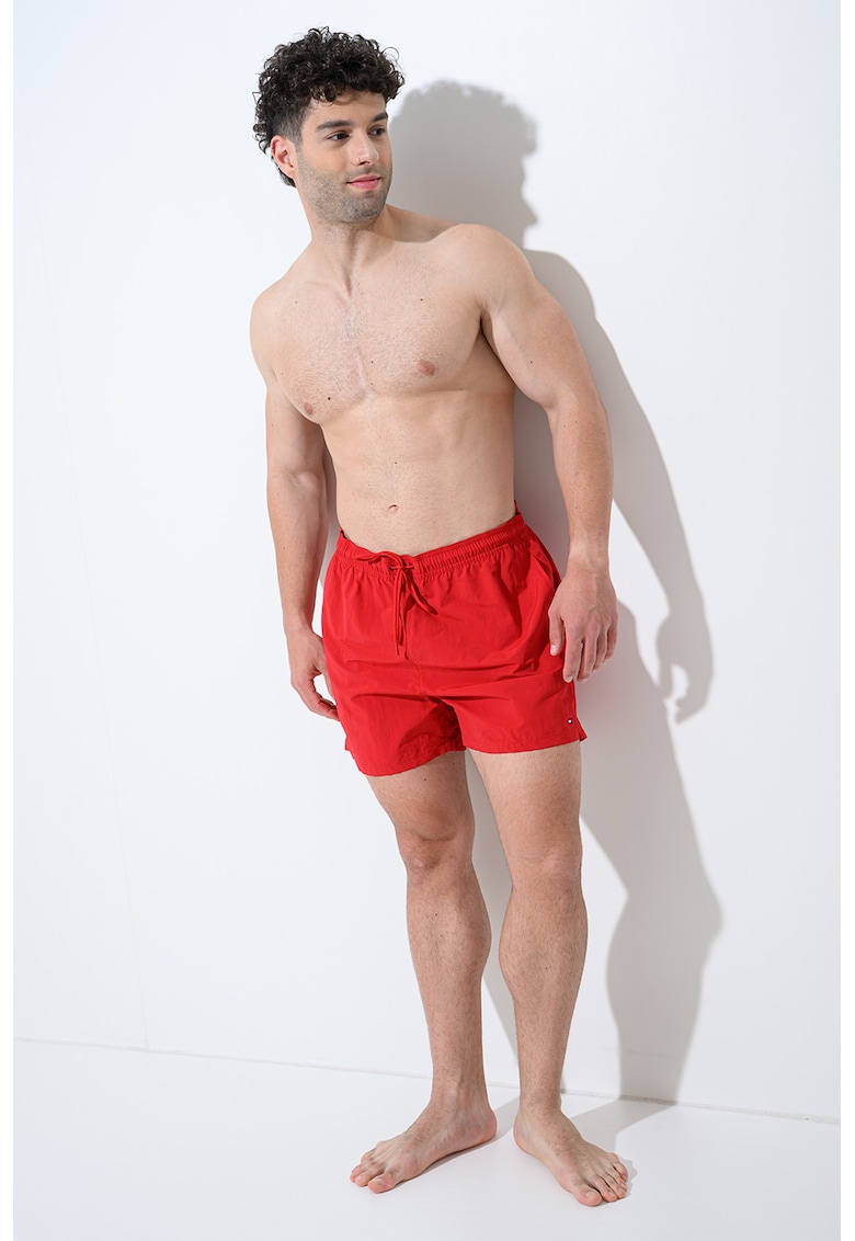 Pantaloni sucrti de baie cu snururi si model uni - Rosu mac