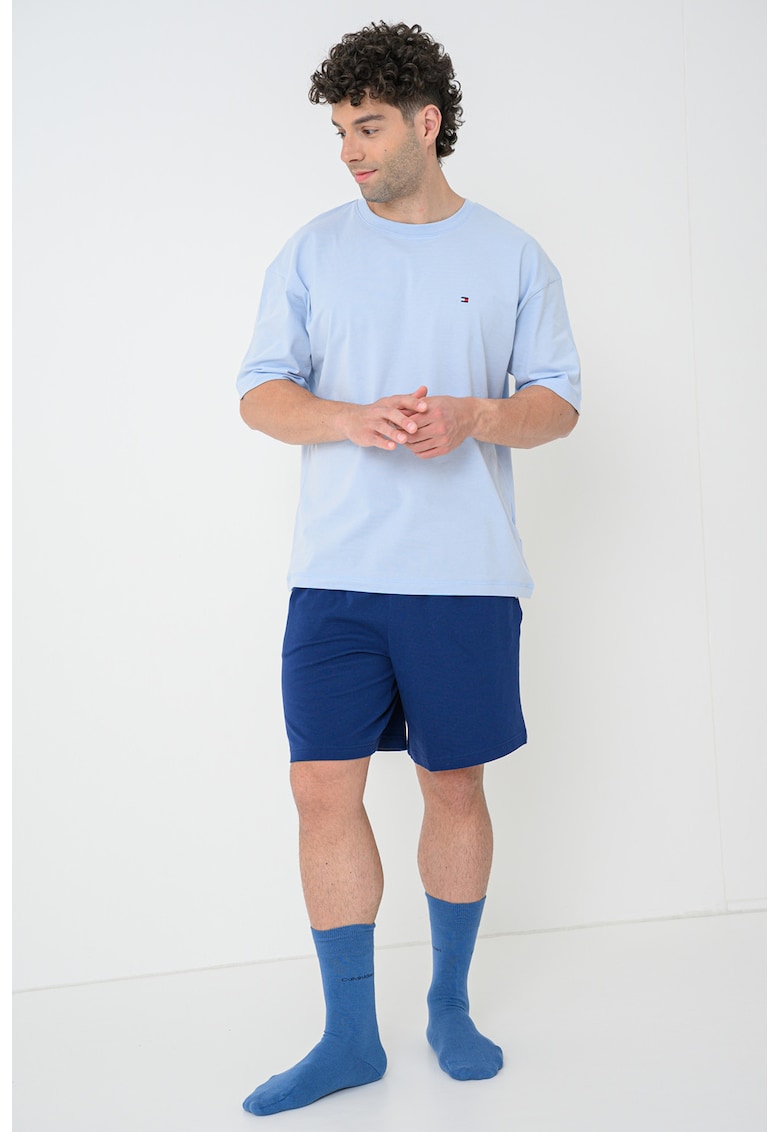 Pijama din amestec de bumbac cu logo - Bleumarin stins/Albastru deschis