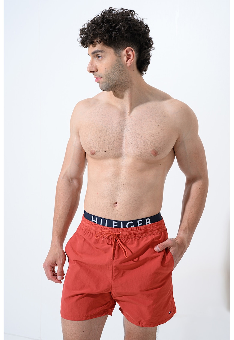 Pantaloni scurti de baie cu banda logo in talie - Rosu mac