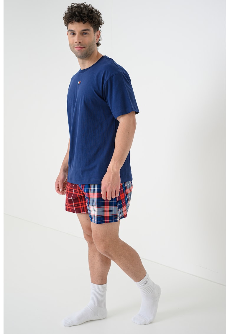 Pijama de bumbac cu pantaloni scurti si banda cu logo in talie - Rosu/Albastru inchis