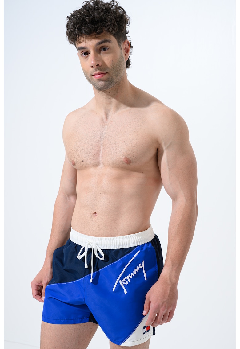 Pantaloni scurti de baie cu logo brodat - Alb arctic/Bleumarin stins