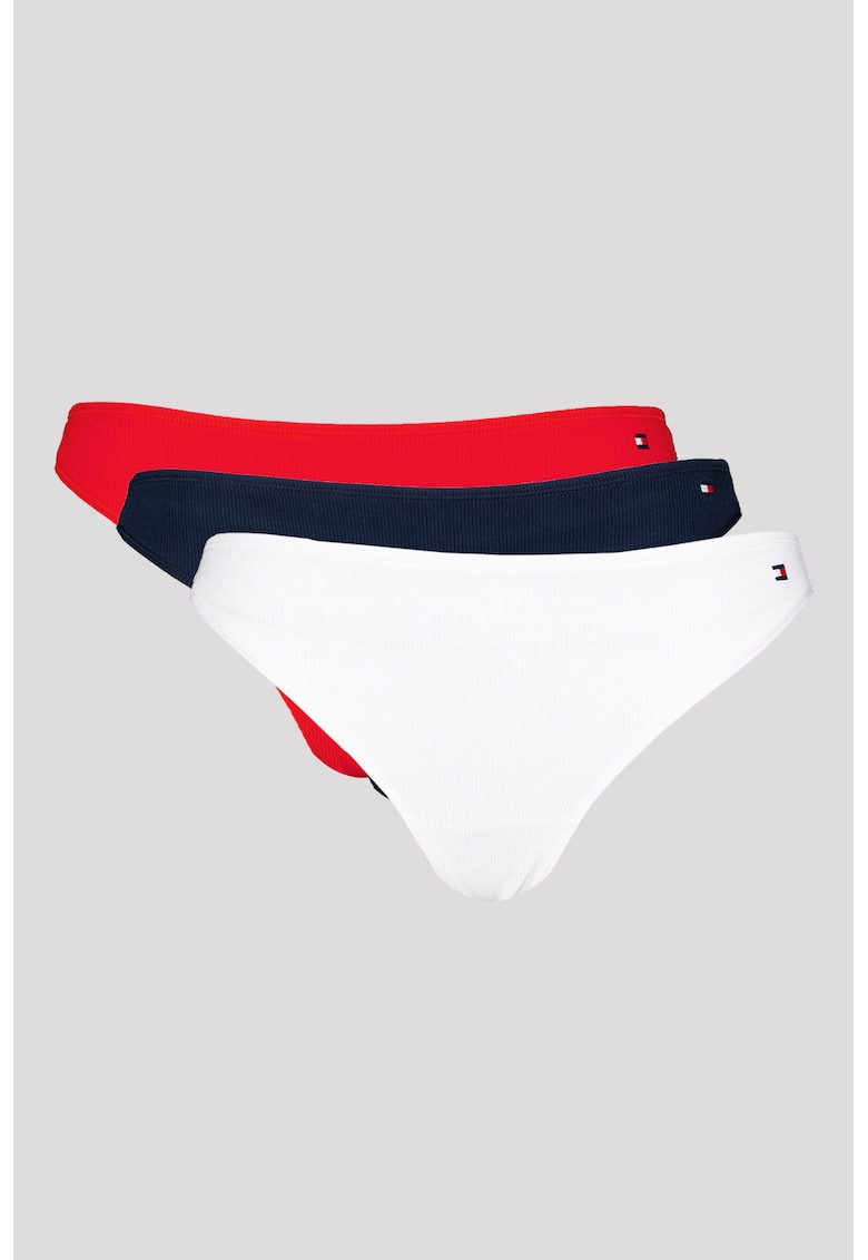 Set de chiloti tanga din amestec de bumbac - 3 perechi - Rosu/Alb/Bleumarin