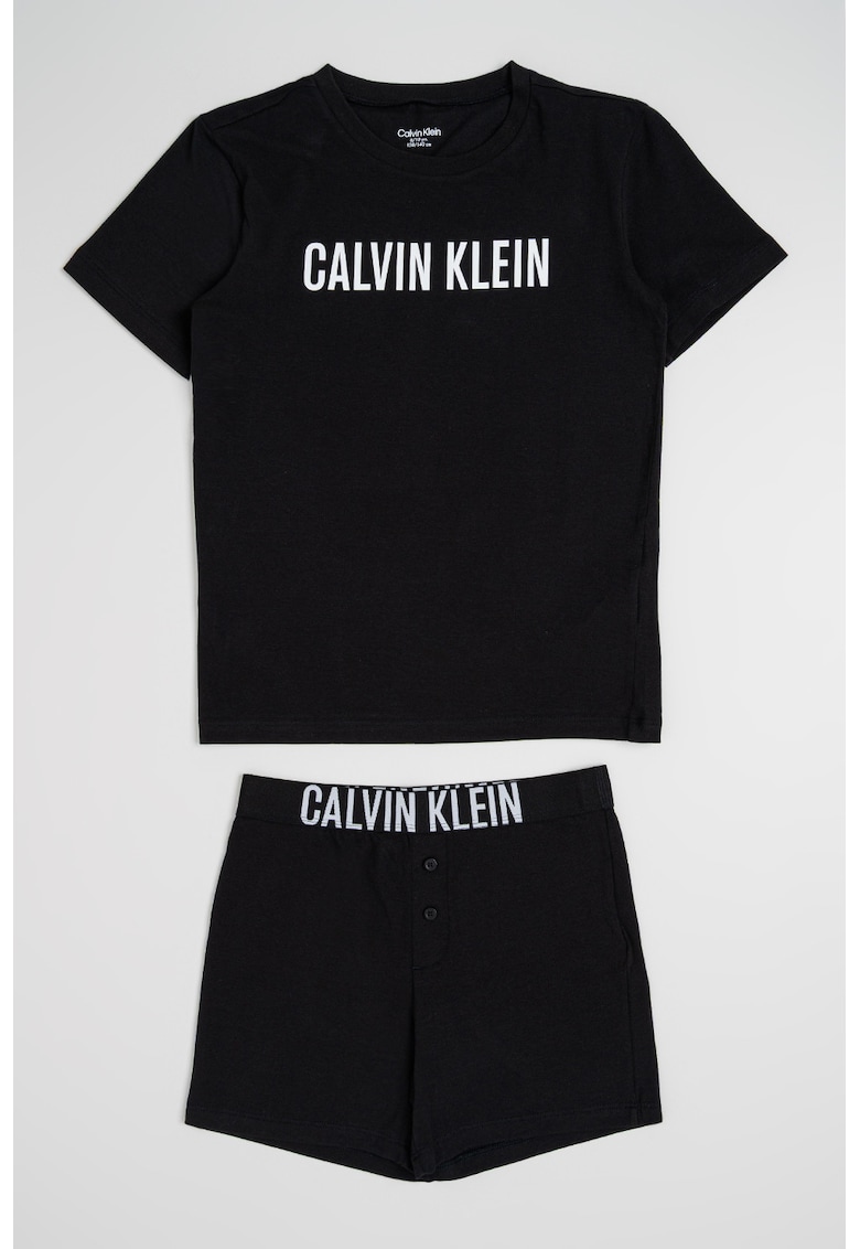 Pijama cu pantaloni scurti si imprimeu logo - Negru