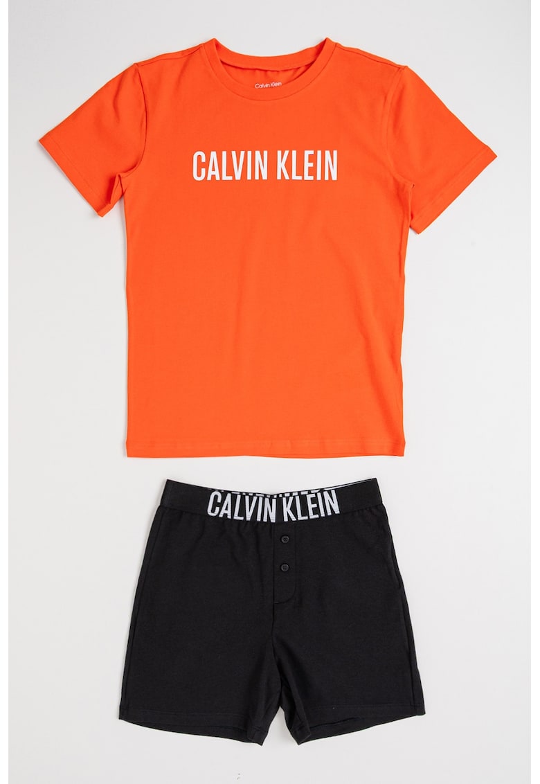 Pijama cu pantaloni scurti si imprimeu logo - Negru/Portocaliu mandarina