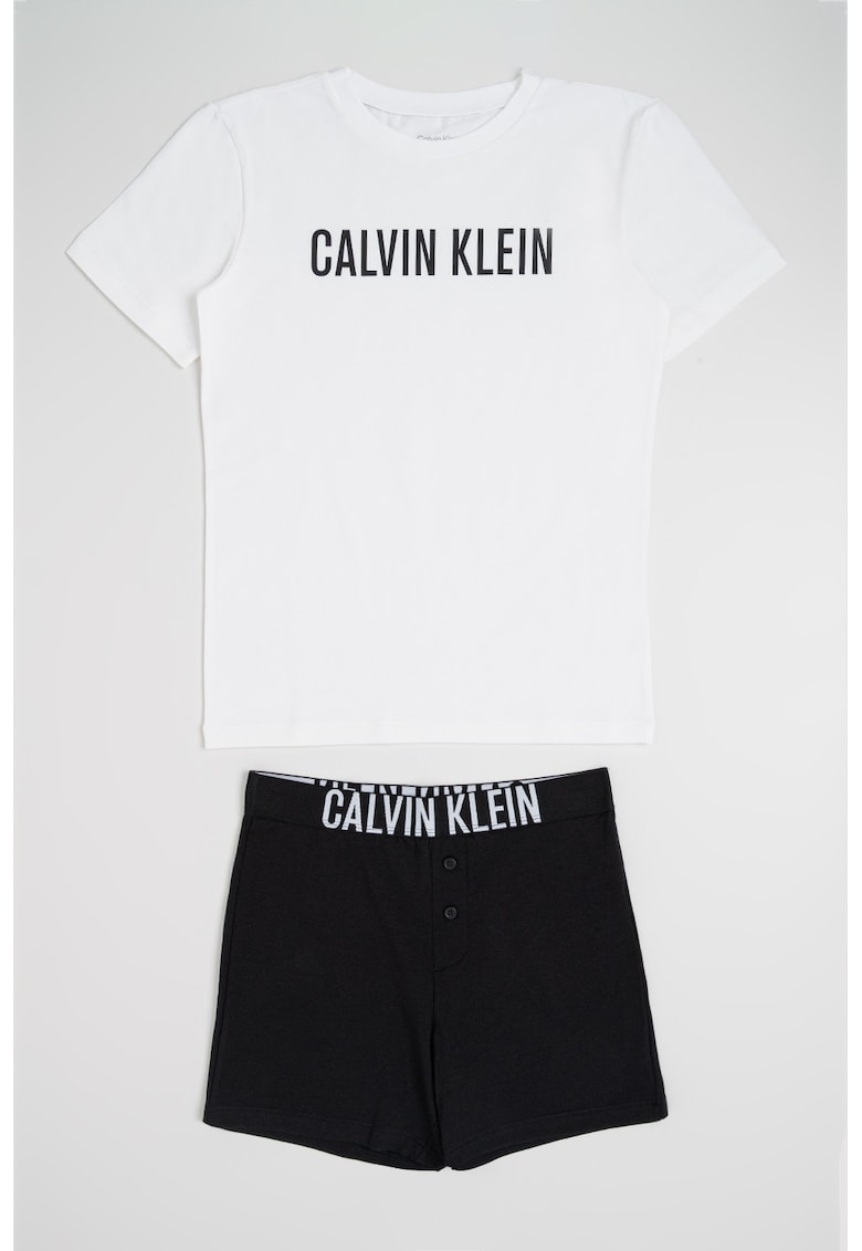 Pijama cu pantaloni scurti si imprimeu logo - Alb/Negru