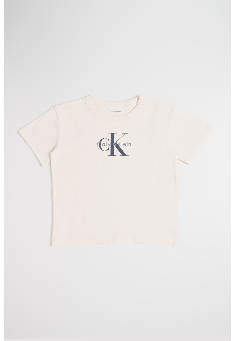 Tricou cu decolteu la baza gatului si imprimeu logo - Alb fildes