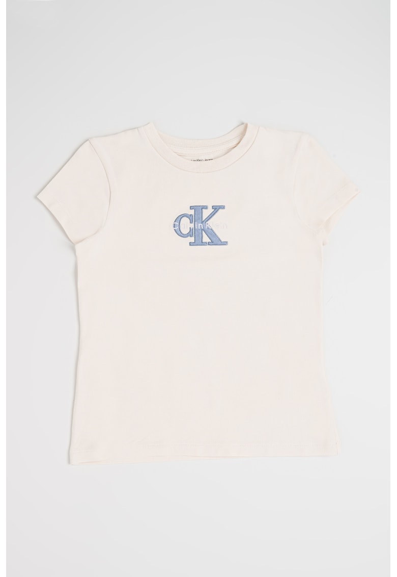 Tricou cu decolteu la baza gatului si logo brodat - Alb fildes