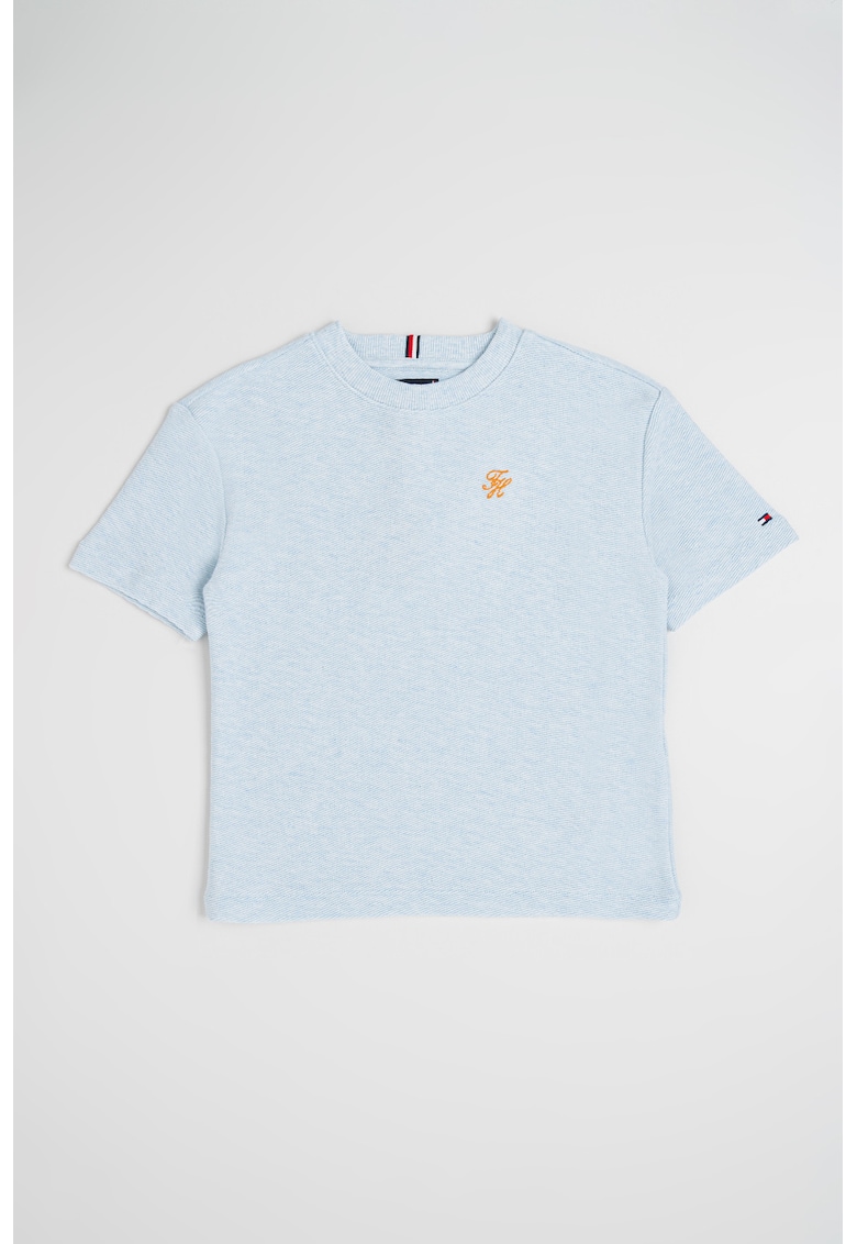 Tricou din bumbac cu decolteu la baza gatului - Albastru deschis melange