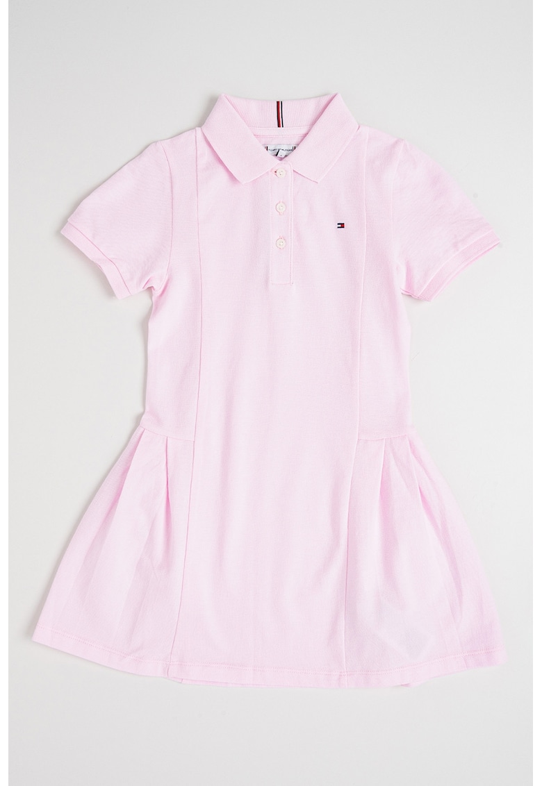 Rochie evazata cu guler polo si pliuri - Roz pastel