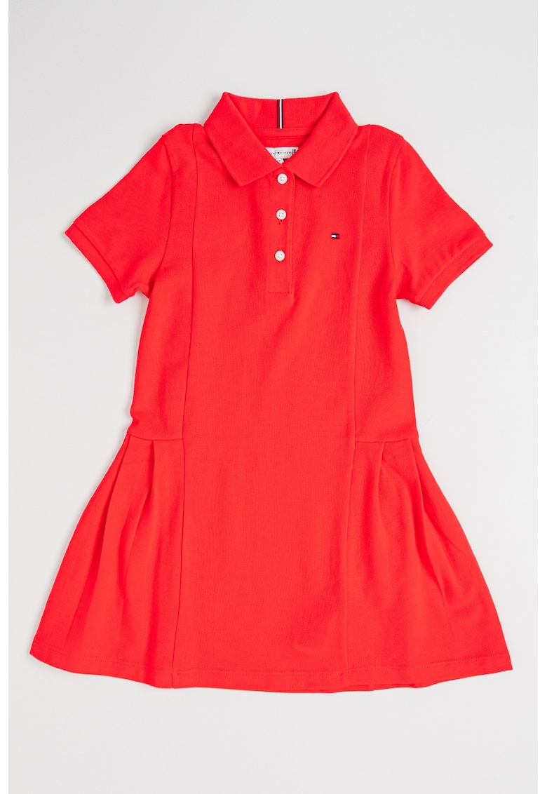 Rochie evazata cu guler polo si pliuri - Fucsia