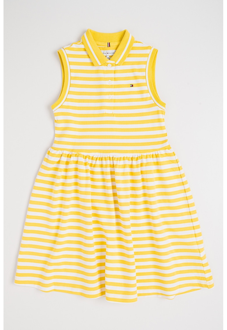 Rochie evazata cu guler polo - fara maneci - Alb/Galben sofran
