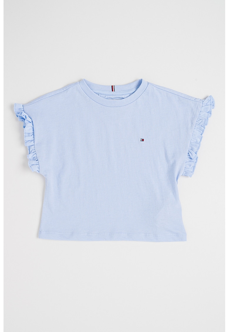 Tricou cu decolteu la baza gatului si terminatii cu volane Essential - Albastru pastel