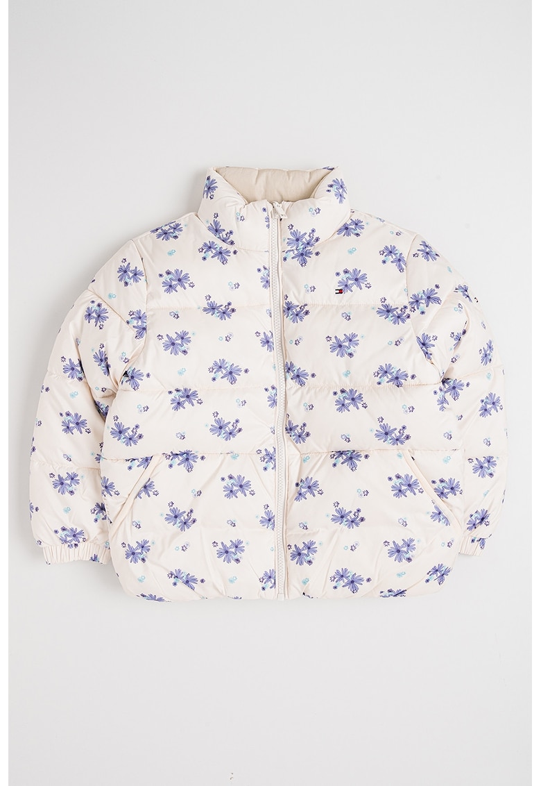 Jacheta bufanta cu model reversibil si imprimeu floral - Alb fildes/Ametist