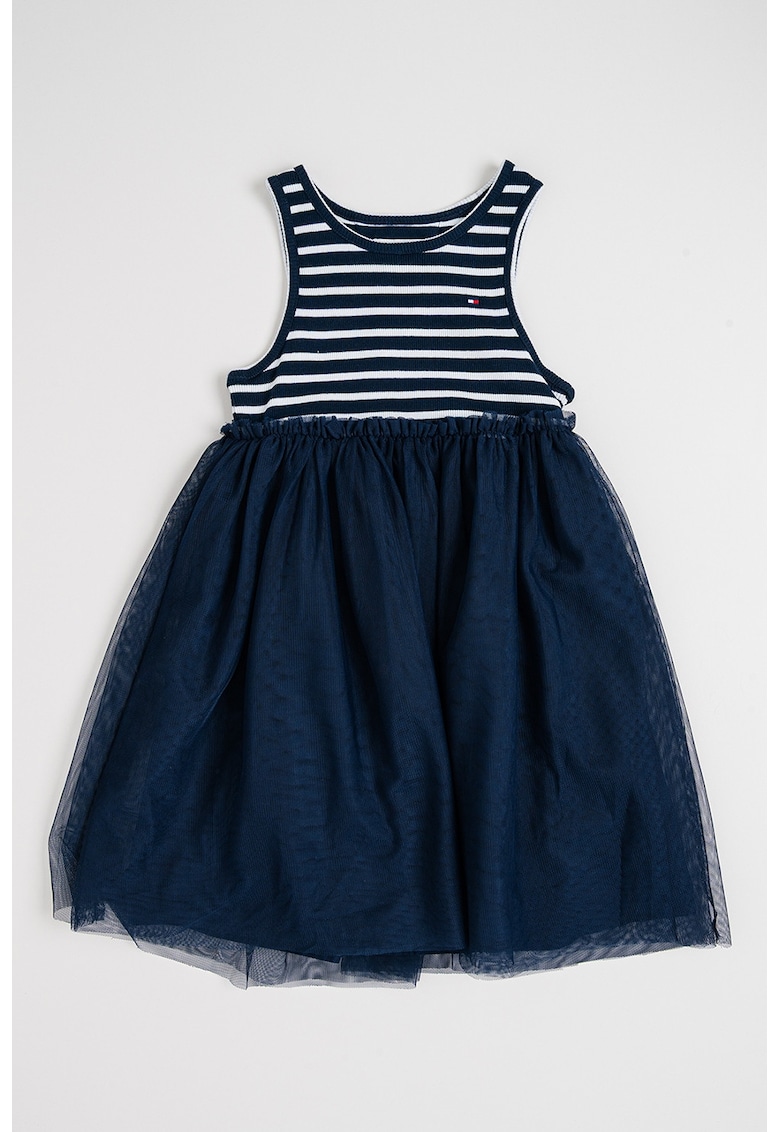 Rochie din tul cu dungi - Alb optic/Bleumarin