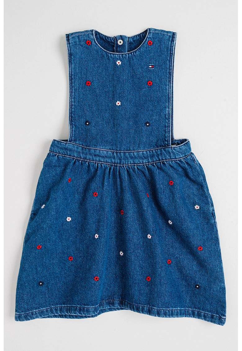Rochie-sarafan din denim cu flori brodate - Albastru inchis