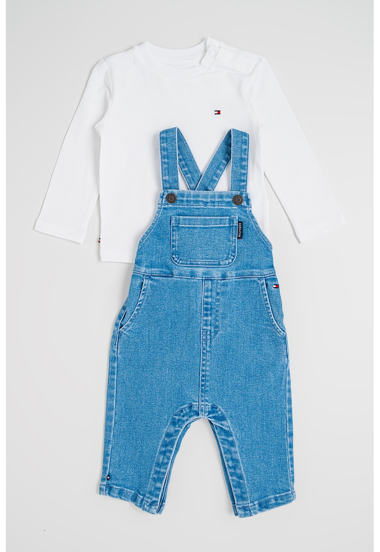 Set de salopeta din denim si bluza cu maneci lungi - 2 piese - Alb/Albastru melange