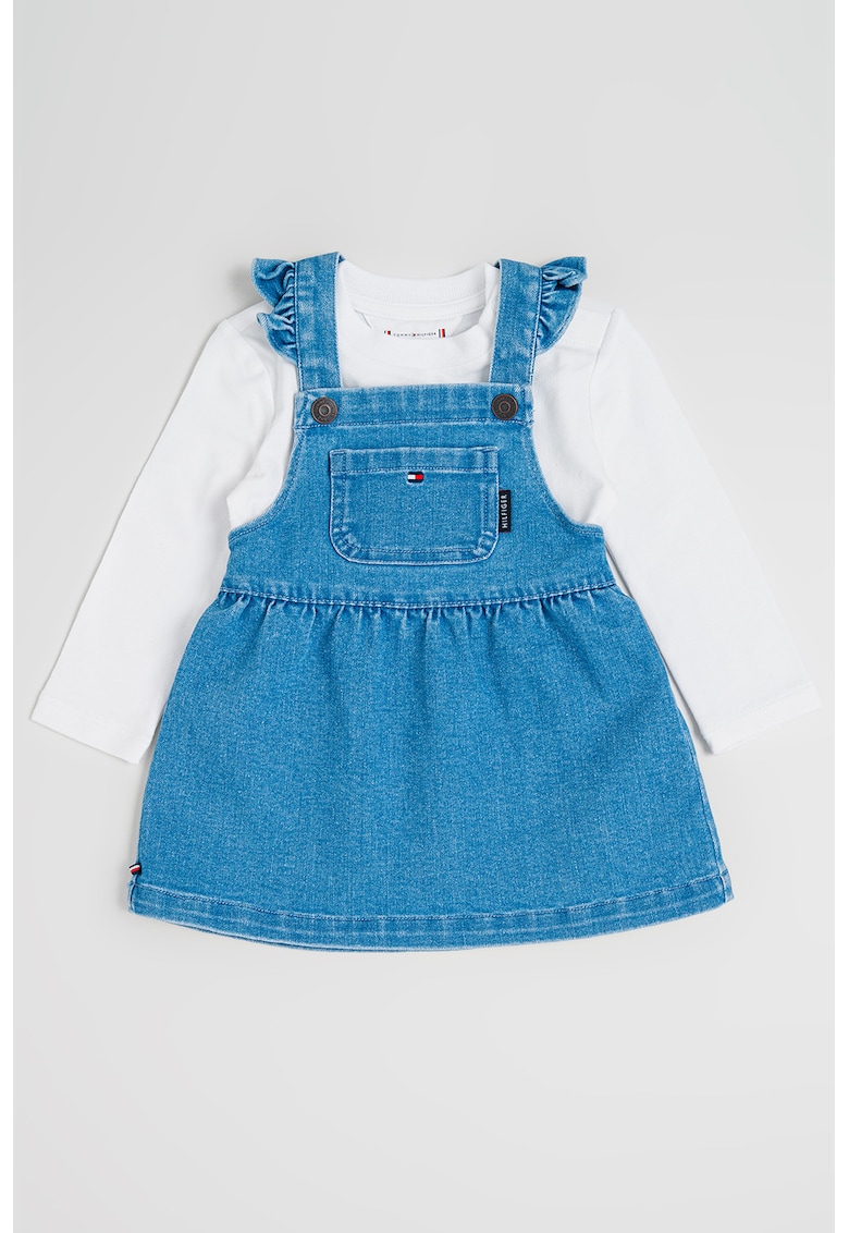 Set de rochie-sarafan din denim si bluza cu maneci lungi - 2 piese - Alb/Albastru melange