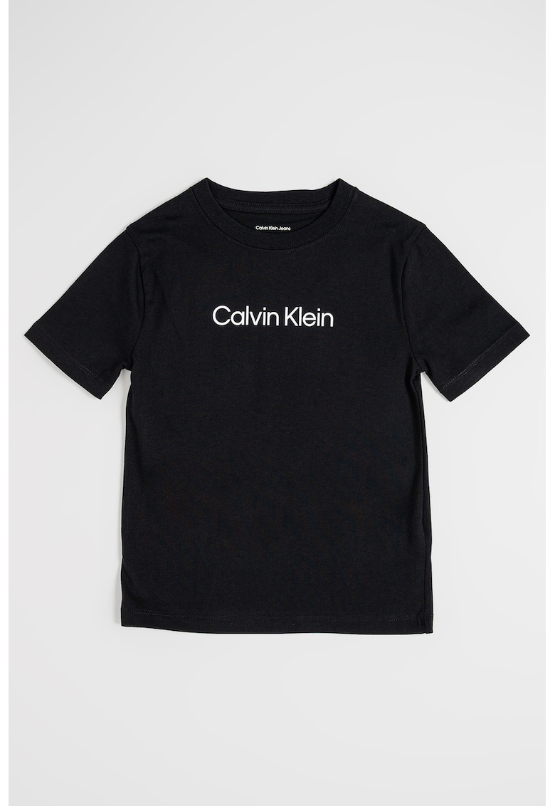 Tricou din bumbac organic cu imprimeu logo pe partea din fata - Negru