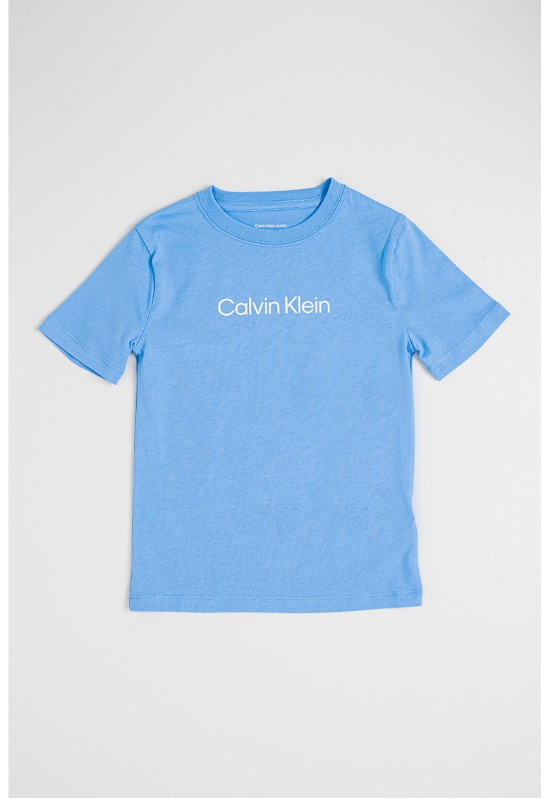 Tricou din bumbac organic cu imprimeu logo pe partea din fata - Albastru pastel