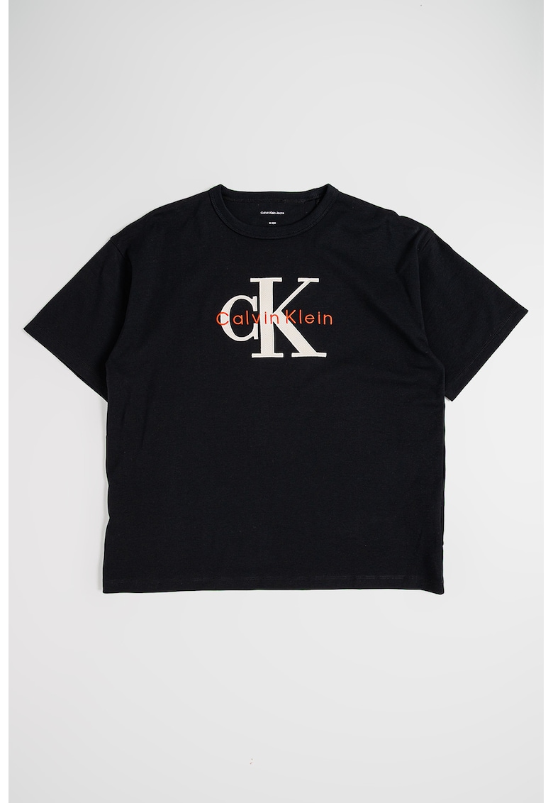 Tricou din bumbac organic cu decolteu la baza gatului si imprimeu logo - Negru