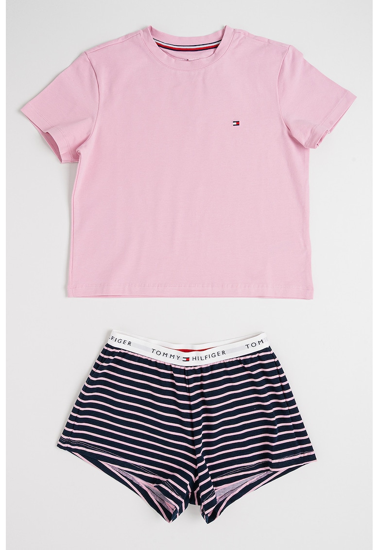 Pijama din amestec de bumbac cu pantaloni scurti - Roz prafuit/Bleumarin