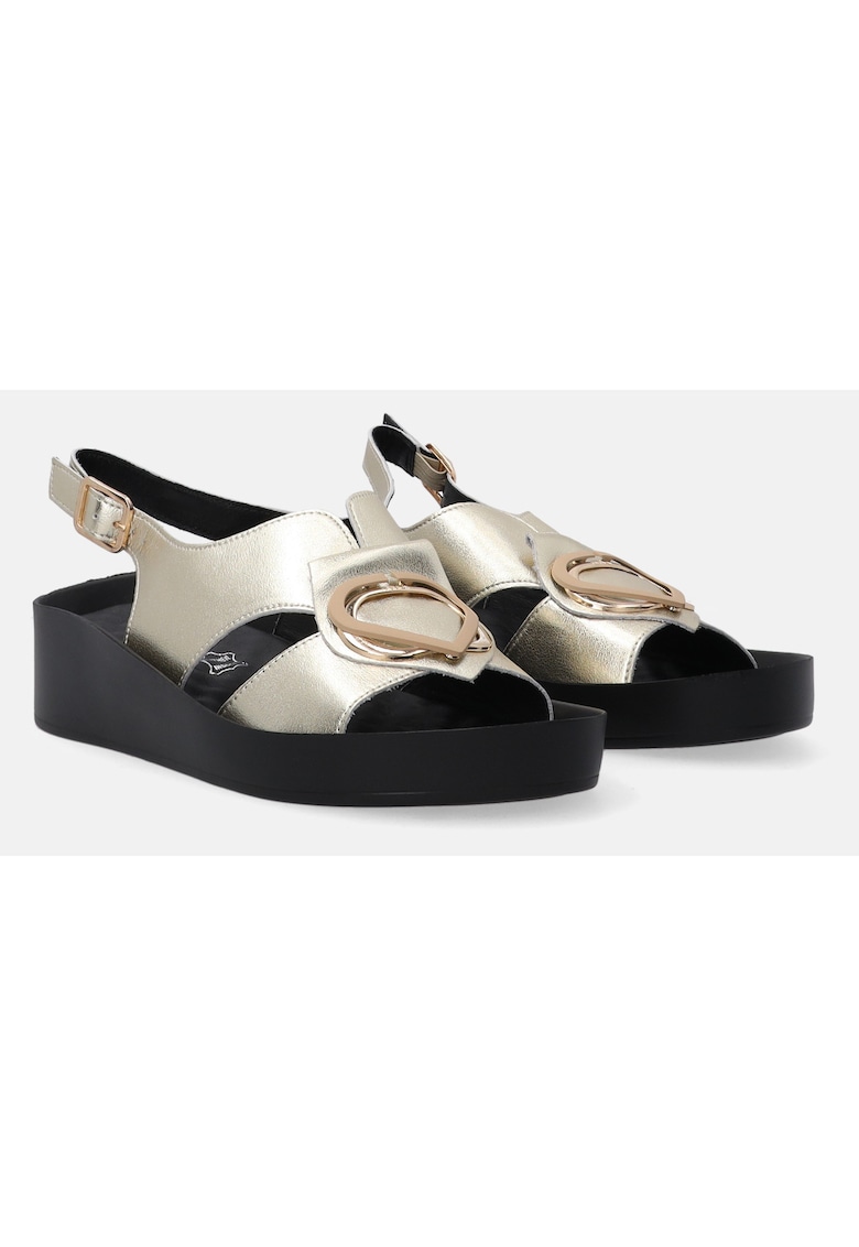 Sandale wedge din piele cu detaliu metalic uni
