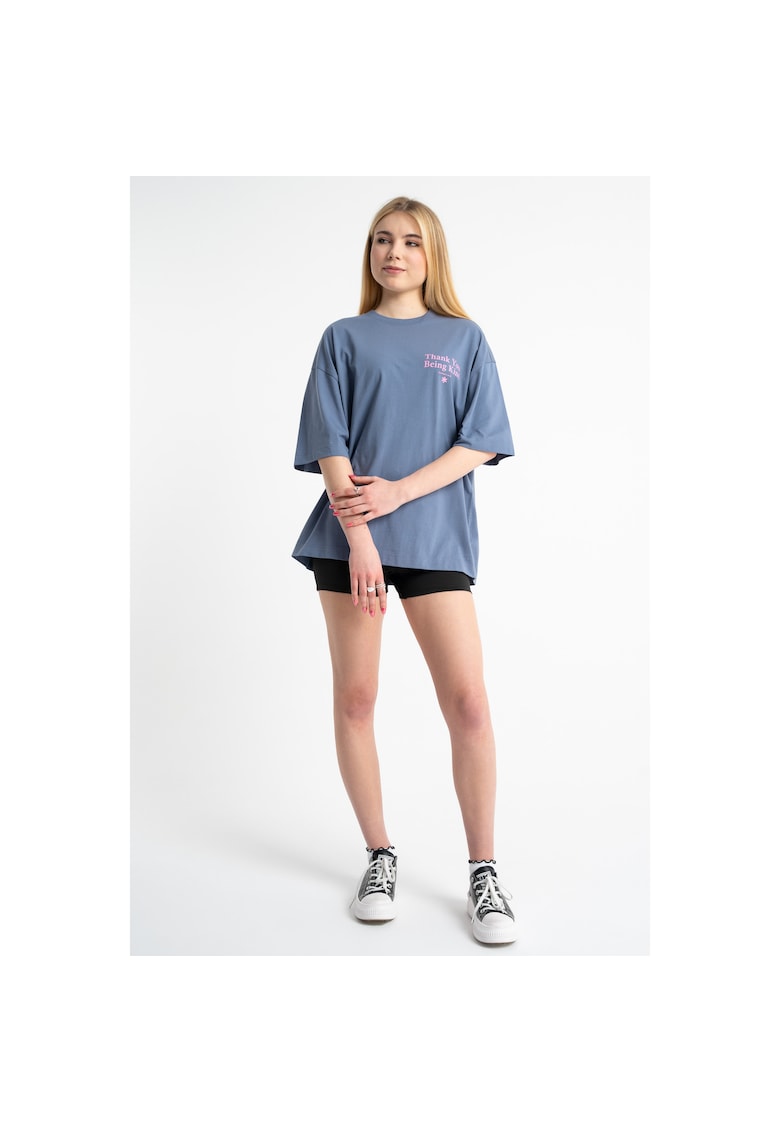 Tricou lejer cu imprimeu text si maneci cazute