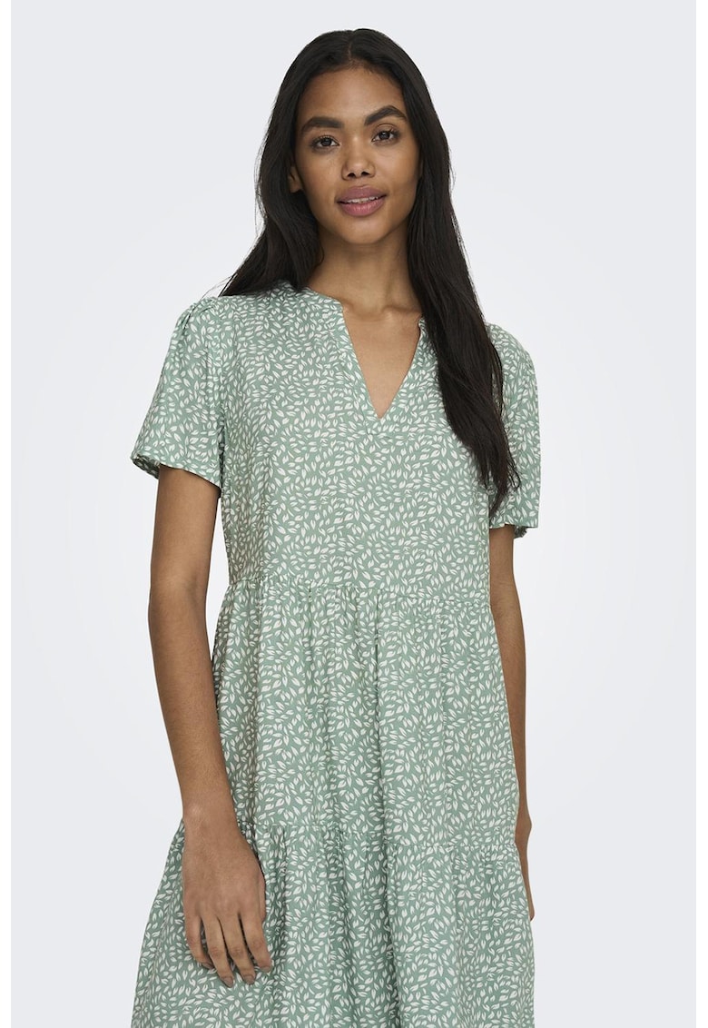 Rochie scurta cu model si decolteu in V - Alb/Verde